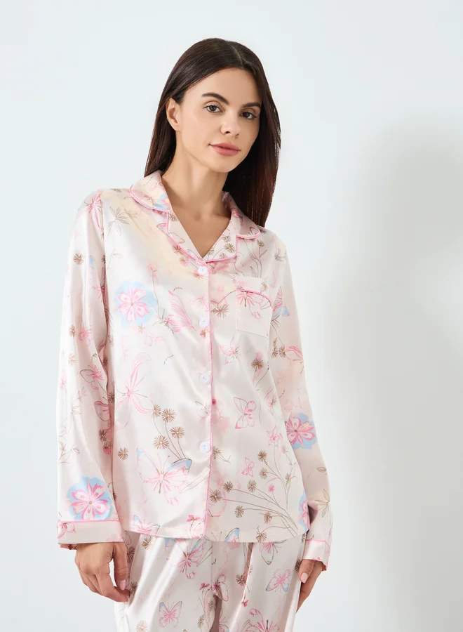 Take Two Women Satin Floral Printed Shirt and Pyjama Set